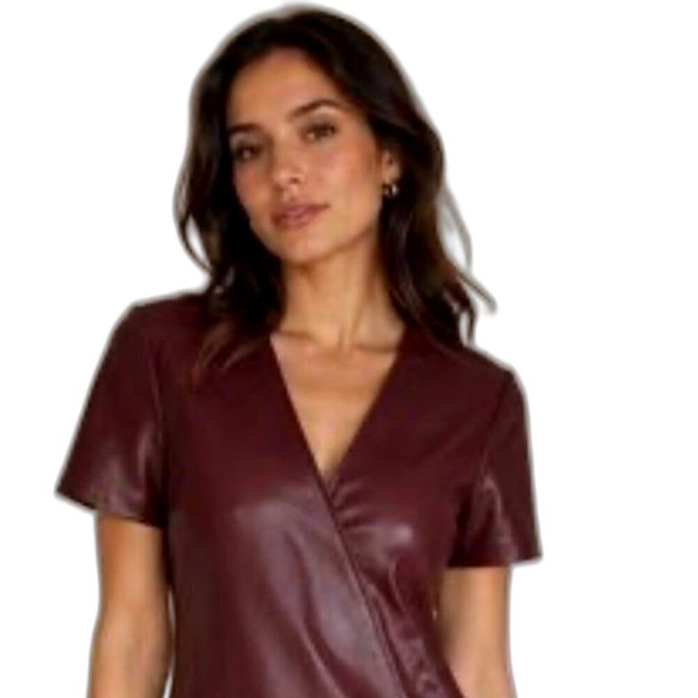 Zara Dress Women's Size S Burgundy Faux Leather V-Neck Short Sleeve Mini Dress